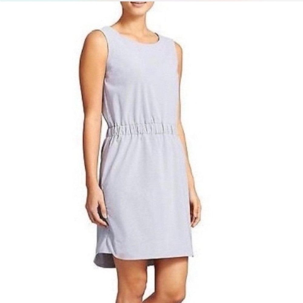 Athleta Astra Mini Dress in Light Blue/Gray/White Pinstripe